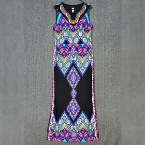 Sangria Maxi Dress Womens 16 Black Multicolor Geometric Sleeveless Beaded V Neck